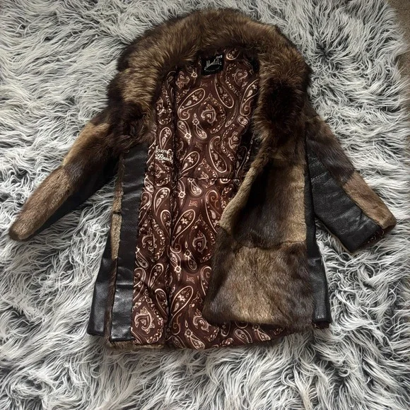 Vintage Mandel's Raccoon Fur Patchwork Leather Pea Coat Women's Size L- XL Brown - Picture 8 of 12
